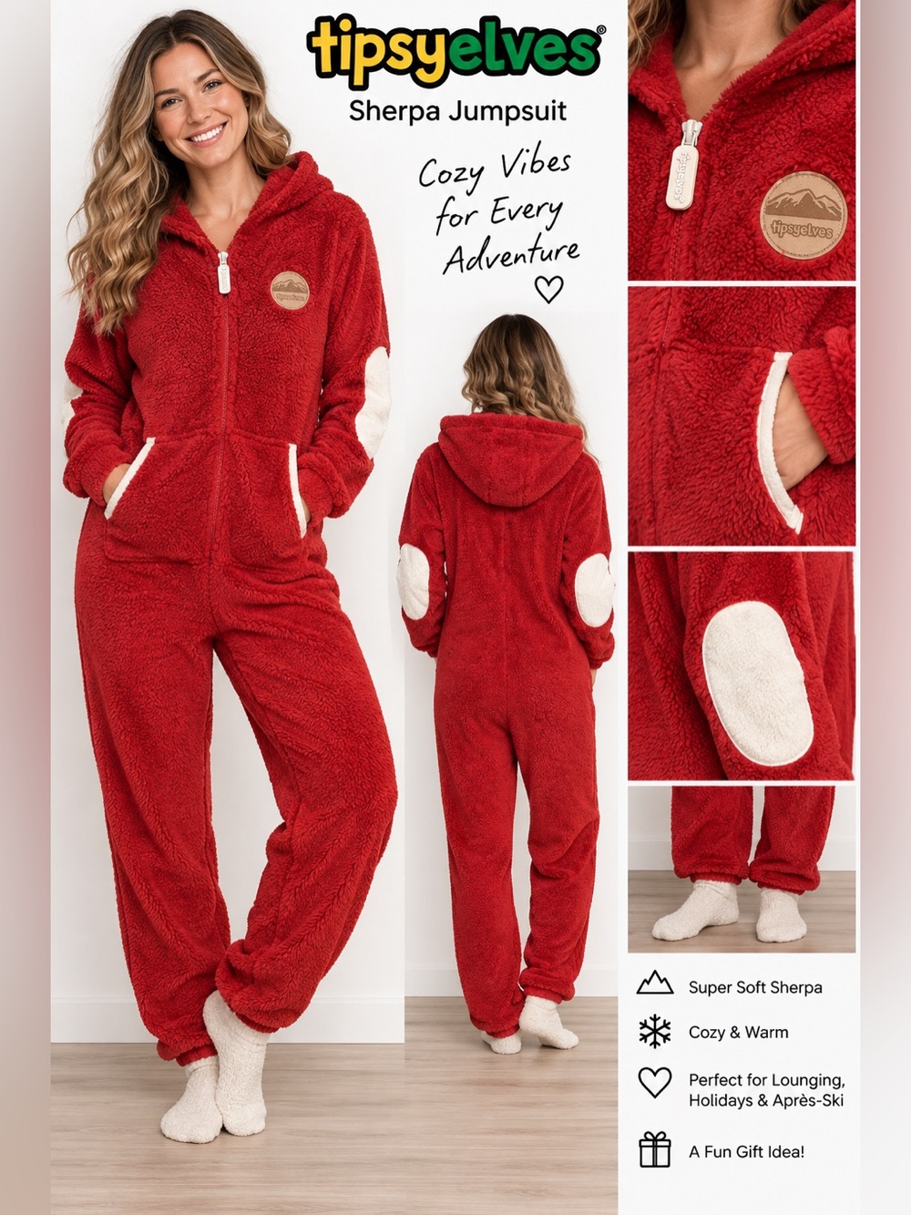 Tipsy Elves Women’s Red Sherpa Jumpsuit Size Small NWT